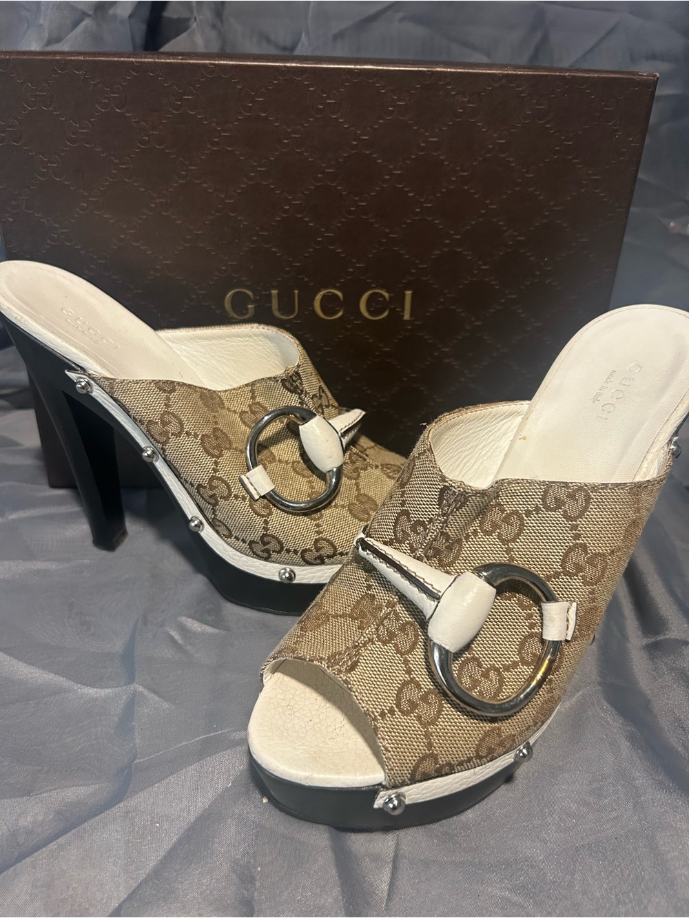 Gucci Brown GG Canvas Open-Toe Platform Mules with White Trim size 38